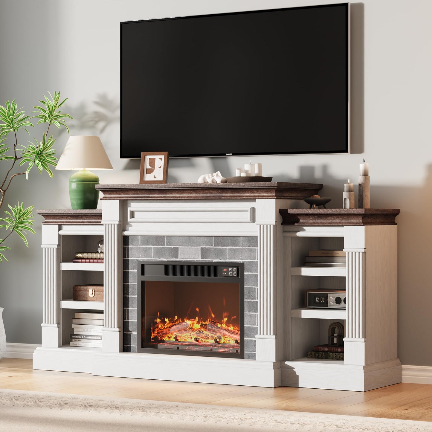 GarveeLife 71 Inch Electric Fireplace with Mantel, Fireplace TV Stand for TVs Up to 80 Inch, Modern Entertainment Center with Storage, Stacked Stone Surround with Remote Control 3D Flame, White