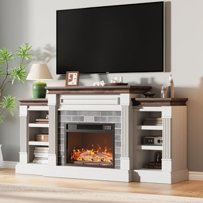 GarveeLife 71 Inch Electric Fireplace with Mantel, Fireplace TV Stand for TVs Up to 80 Inch, Modern Entertainment Center with Storage, Stacked Stone Surround with Remote Control 3D Flame, White