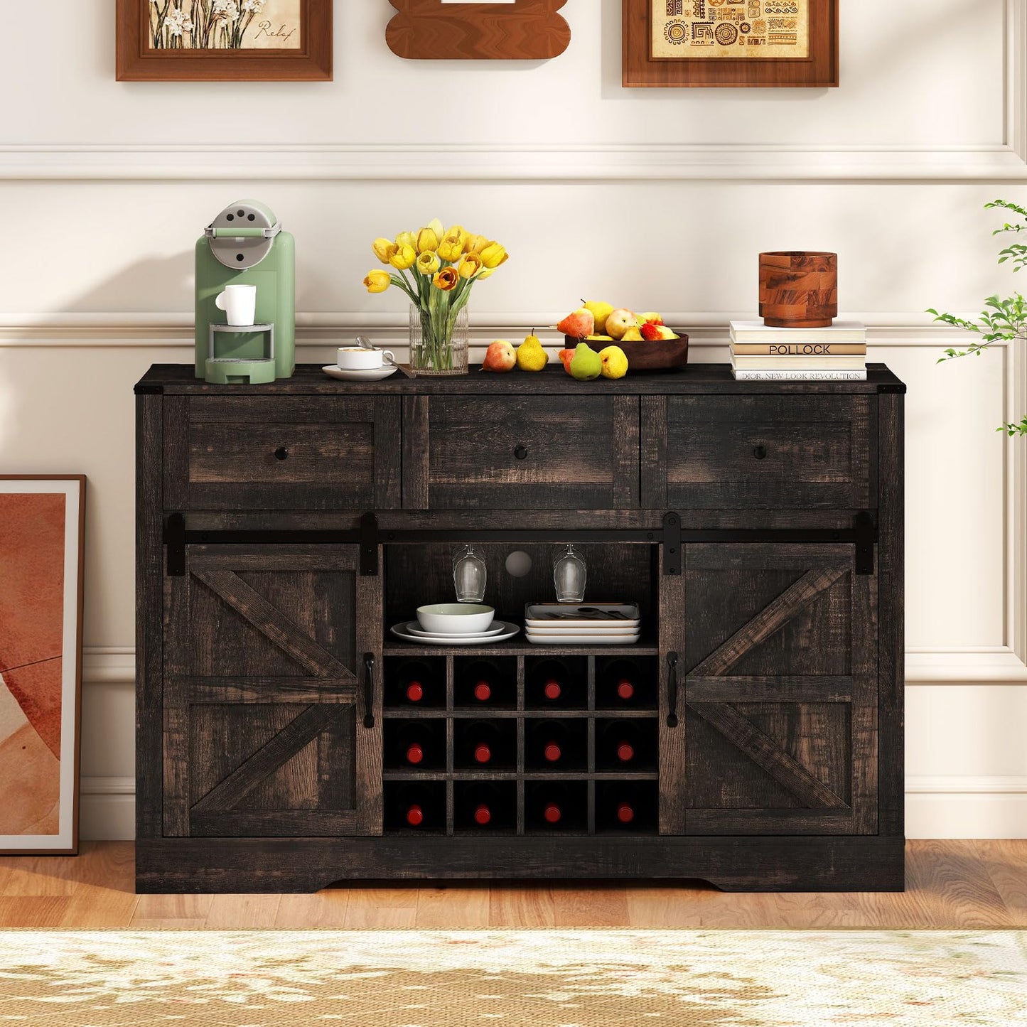 Giantex Wine Bar Cabinet with LED Lights, 52" Buffet Sideboard w/Sliding Barn Door, 3 Drawer, Adjustable Shelf, 12 Bottle Wine Rack & Glass Holder, Farmhouse Coffee Station for Living Room