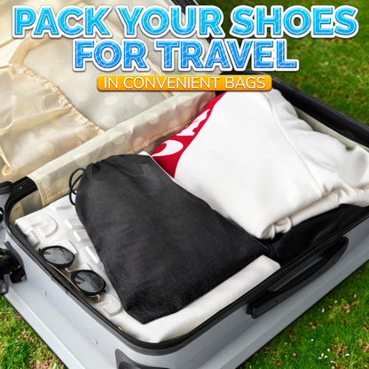 10 Pack Travel Shoe Bag Set – 11.8" x 15.75" Waterproof Drawstring Black Shoe Bags for Travel, Clothes, or Wet Gear – Lightweight Storage Organizer and Packing Essential for Women & Men