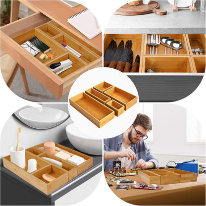 Secura Kitchen Drawer Utensil Organizer Box Set, 5 Pack Bamboo Holder for Cutlery, Makeup, Silverware, Jewelry