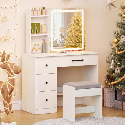 CHARMAID 38" Vanity Desk with Lighted Sliding Mirror, Adjustable LED Lighting, Hidden Storage, 4 Drawers & 3 Shelves, Cushioned Stool, Modern Makeup Vanity Dressing Table Set for Bedroom, White