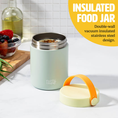 Tasty Food Jar with Folding Handle, Portable Snack Travel or Lunch Container, Stainless Steel Insulated Vacuum with Leak-Proof Lid, Keeps Food Hot or Cold for Hours, 15-Ounce, Aqua