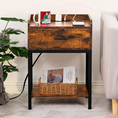 Lerliuo Nightstand with Charging Station, 3-Tier End Table with Storage Drawer, Modern Bedside Night Stand, Retro Brown