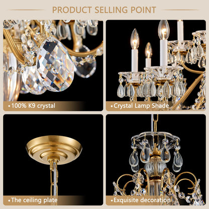 SHEKAITAO Vintage 2 Layers Crystal Chandelier for High Ceilings, 18-Light Brass Chandelier, Pendant Ceiling Light Fixture for Living Room Hallway Lobby Foyer Entrance Hotel Banquet Hall, Dia 37"
