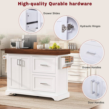 Trygoal 53" Large Kitchen Island with Ultra-Thick 3.5" Countertop, Heavy-Duty Rolling Storage Cart on 5 Wheels, 2 Extra-Large Drawers, Adjustable Cabinet Shelf, for Kitchen, White
