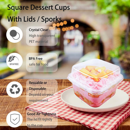 100 Pack 8OZ Plastic 50Pcs Square Dessert Cups with Lids and 50Pcs Spoons,Square Ice Cream Container with Forks, Disposable Parfait Cups for Mousse Cupcake Pudding Snacks Yogurt Parfait Fruits（50Sets）