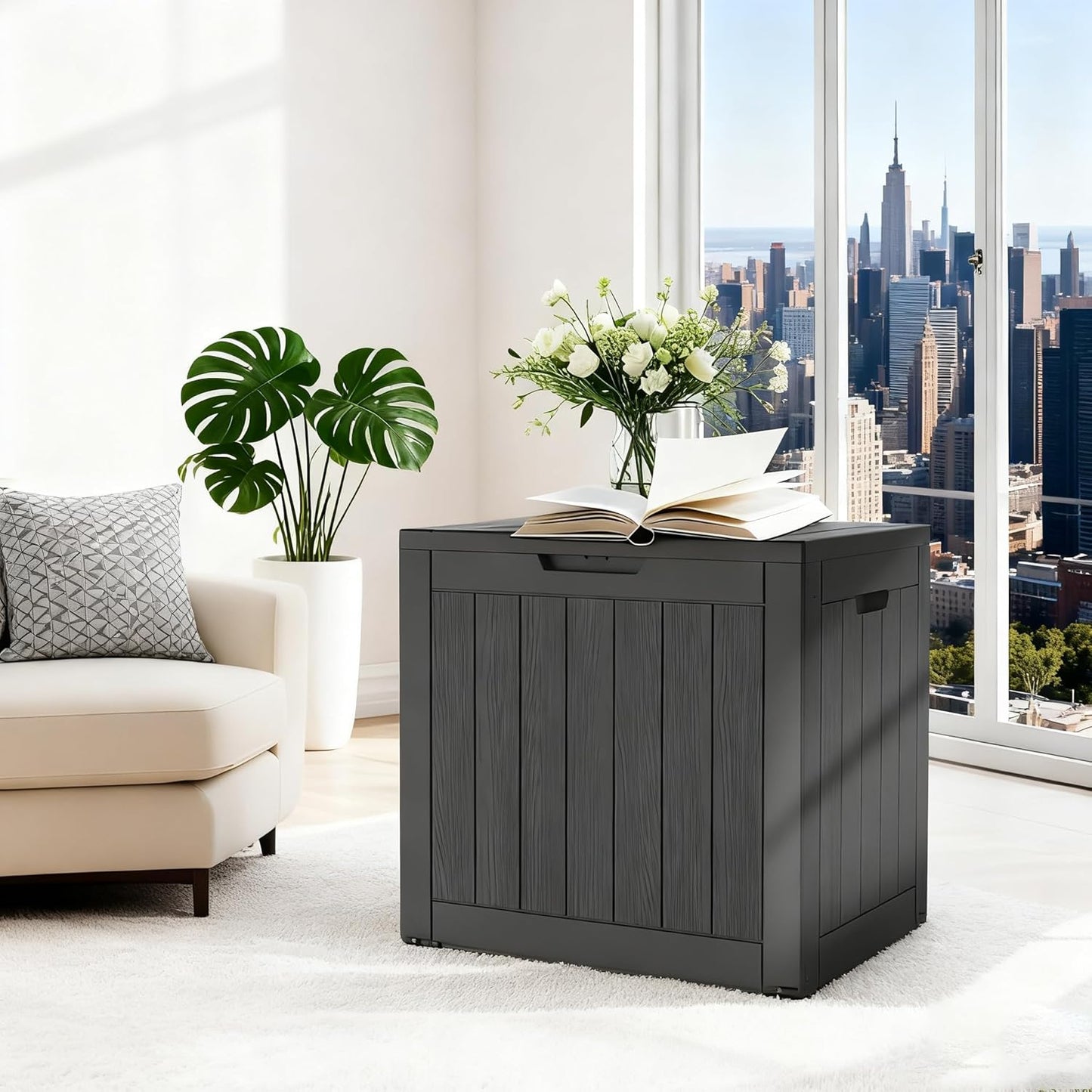 31 Mars Villa Gallon Deck Box, Waterproof Weatherproof and UV Resistant Resin Storage Bin with Lockable Lid