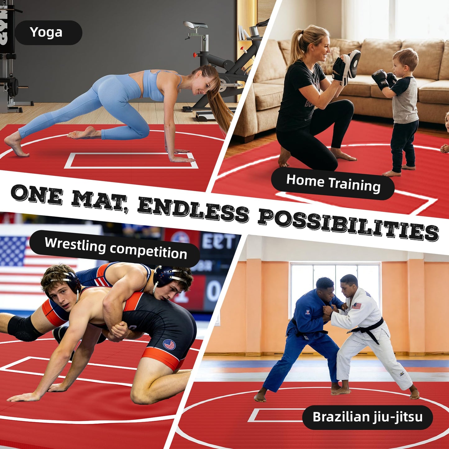 HFPFTS Wrestling Mat for Home, 8’x 8’x 1.25” Wrestling Mat, Safe Wrestling & Play Mat for Kids and Family, Jiu Jitsu, BJJ, MMA, Wrestling Mats, Martial Arts, Tumbling, Easy Clean, Gym Mat, Red