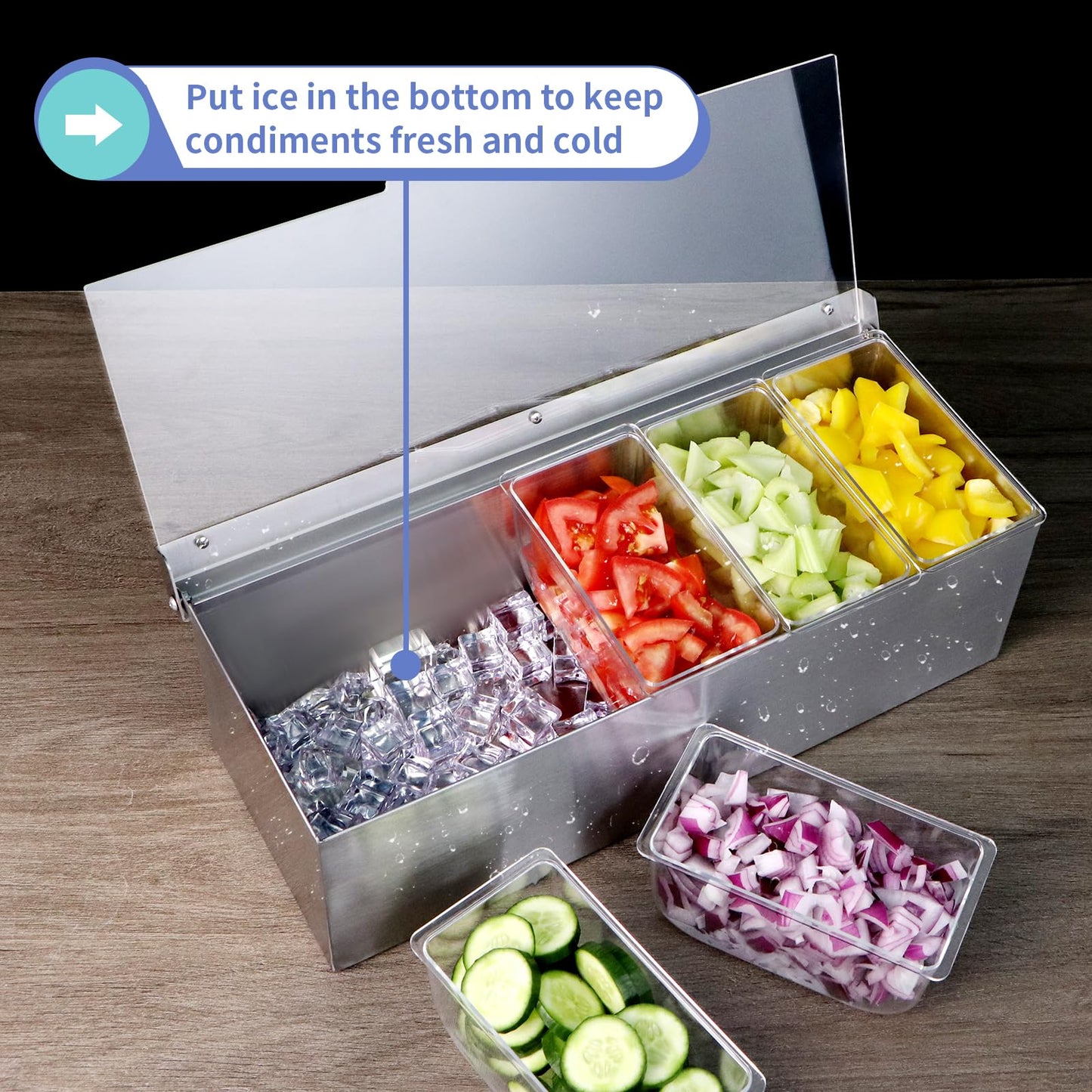 MOLIGOU Chilled Condiment Server, Stainless Steel Chilled Condiment Tray with Lid, Ice Fruit Serving Containers with 5 Removable Compartments