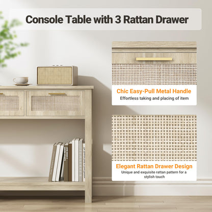 ELYKEN Rattan 51.2" Console Table with 3 Drawer, Entryway Table with Drawer & Shelf, Boho Sofa Table Behind Couch Foyer for Living Room, Hallway, Natural Wood