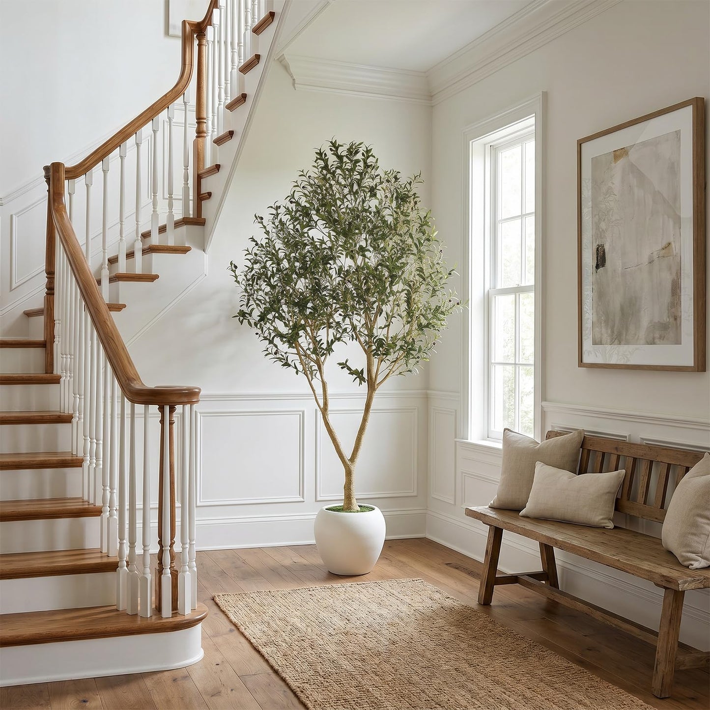 PHYTREE 9ft Artificial Olive Tree with White Planter Included - Large Indoor Floor Plant with Natural Trunk and Fruit Accents for High-Ceiling Living Room and Hallway Corner