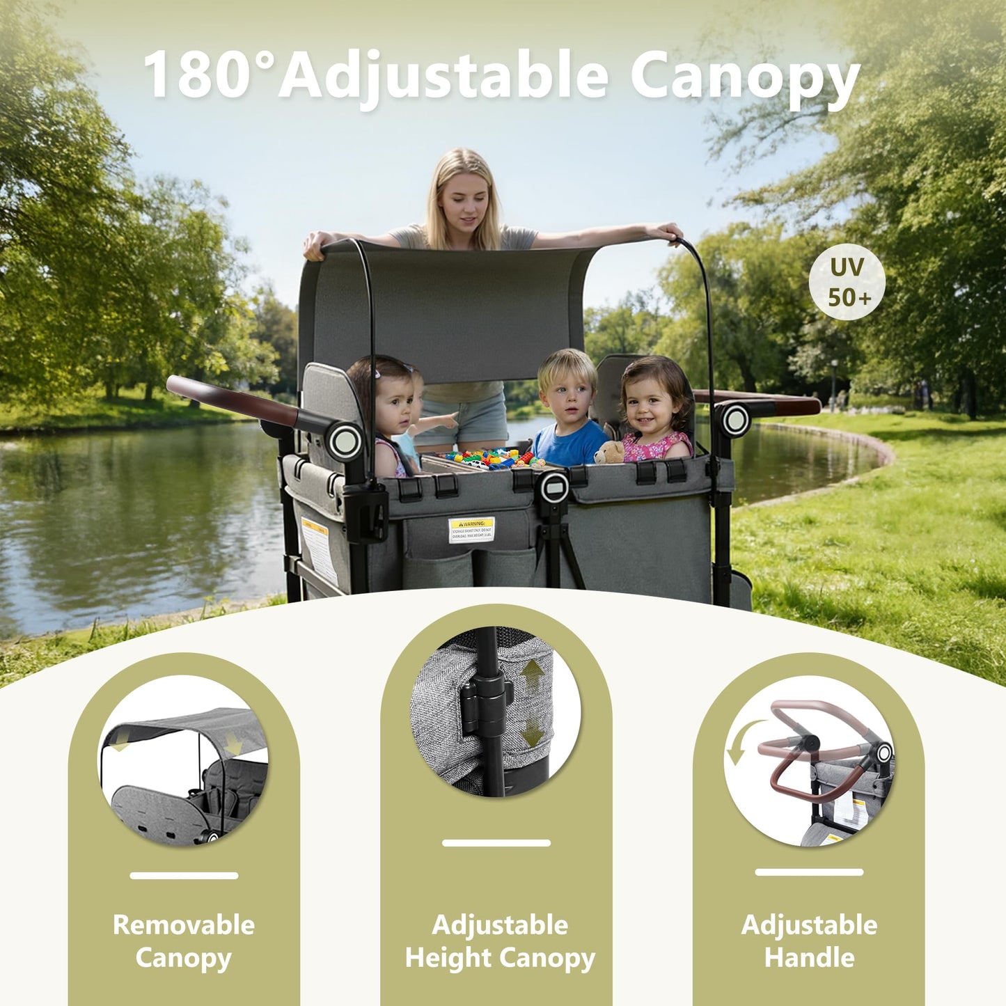 Kinder King Wagon Stroller for 4 Kids, All-Terrain Foldable Outdoor Stroller Wagon 4 Seater, Removable Canopy, Adjustable Handle, Detachable Tray, Large Storage, Grey
