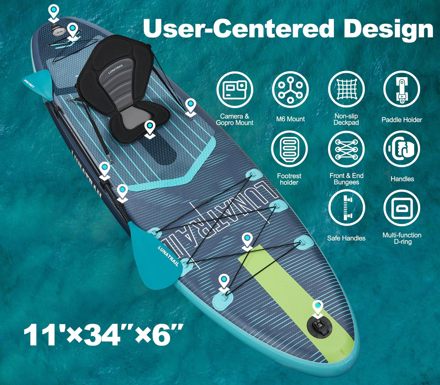 【11'×34"】 Extra Long/Extra Wide Premium Inflatable Stand Up Paddle Board (SUP) – Portable & Lightweight for Yoga, Surfing, Family Fun | Complete Kit with Paddle, Pump, Bag | Durable Design