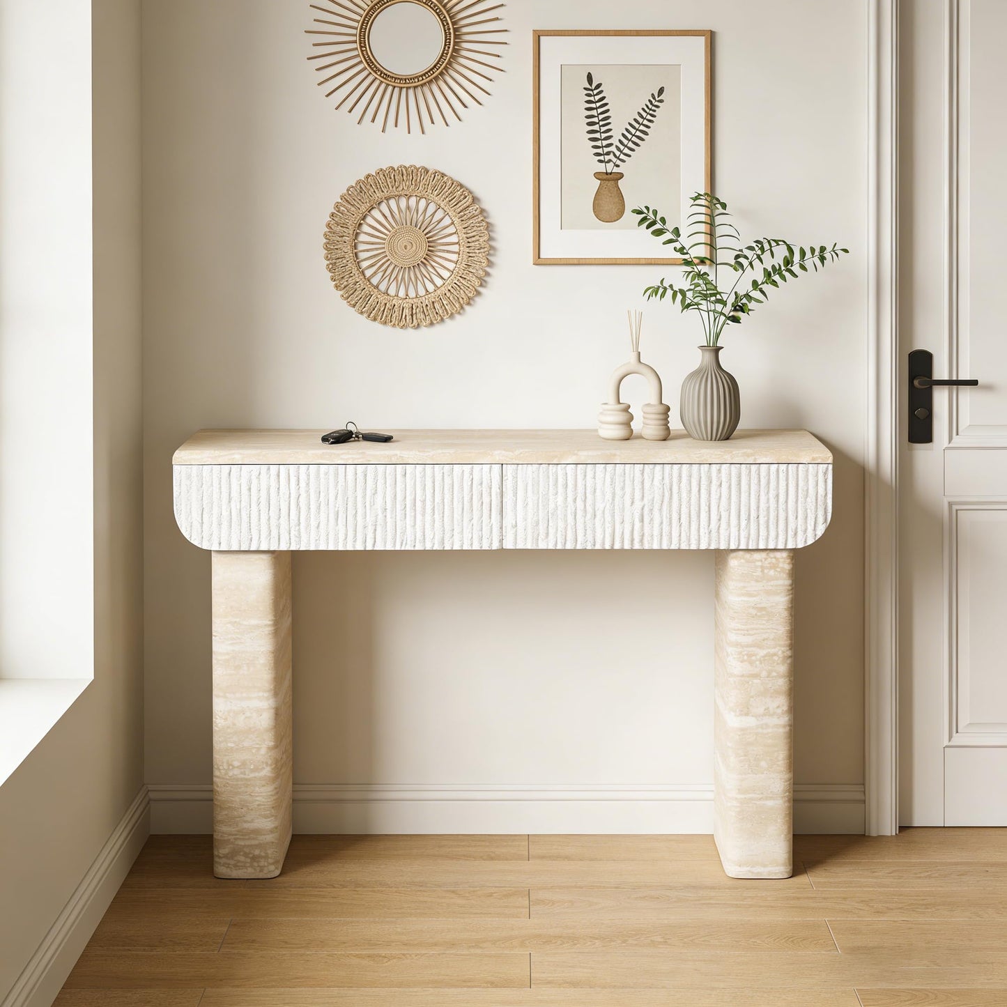 KEIKI 42.2" Console Table with Drawers, Wooden Entryway Table with Hidden Handle Storage, Narrow Sofa Table for Hallway or Living Room, Accent Console Table, Beige Yellow