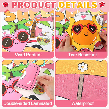 Safe Fun in the Sun Bulletin Board Set Summer Sun Classroom Decorations Tropical Hawaiian Classroom Sunshine Safety Paper Cutouts for Summer Back to School Teachers Chalkboard Wall Door Decor