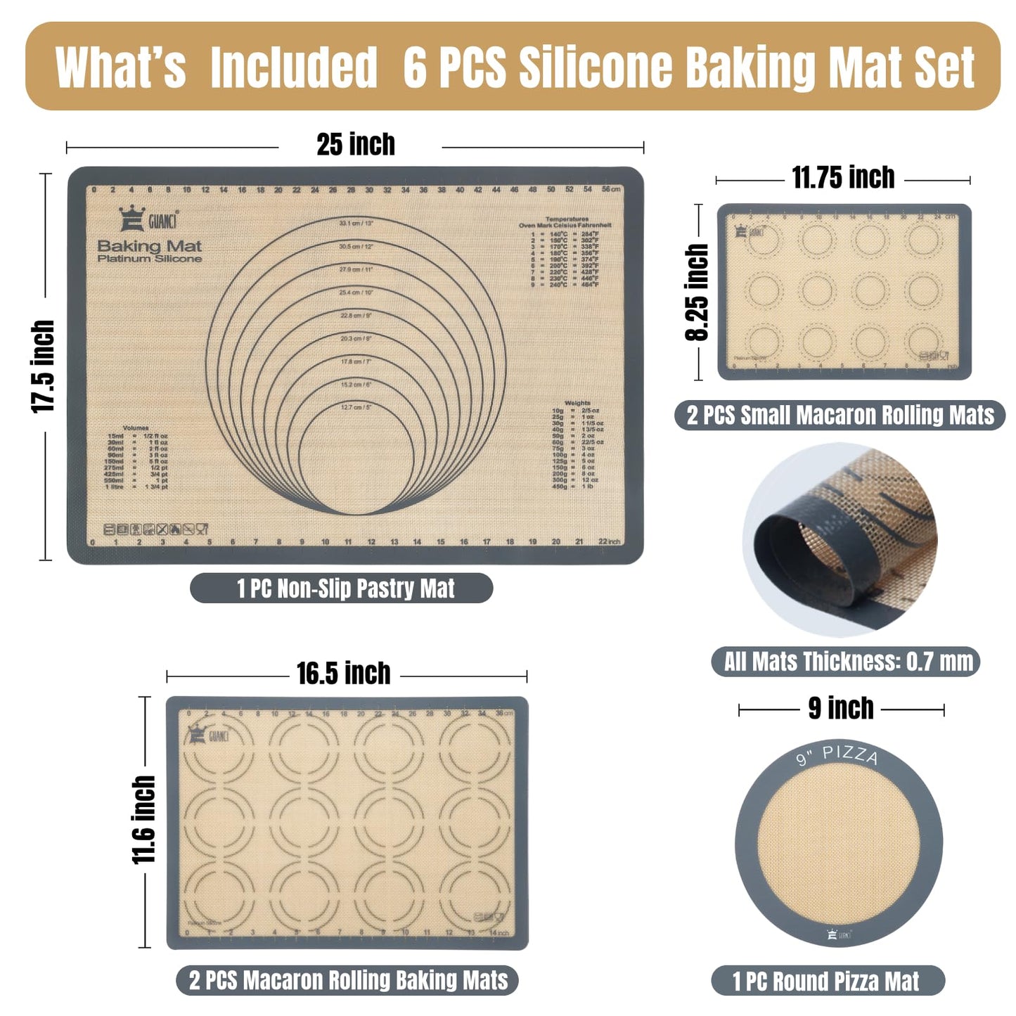 Silicone Baking Mat Set of 6, GUANCI Grade Food Baking mats Non-Stick Reusable Pizza Bakeware Mat for Making Macaroon, Pizza, Cookie, Pastry, Bread, Bun(Grey)