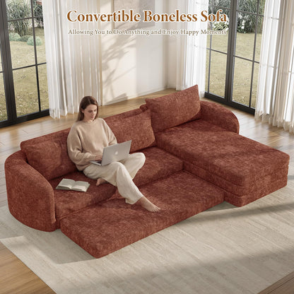 Vesgantti 110.2" Boneless Sectional Couch with Curved Armrest, 6 in 1 Convertible Folding Sleeper Sofa Bed, Chenille Modular Sofa for Living Room, No Assembly Required, Orange, Right Facing Chaise