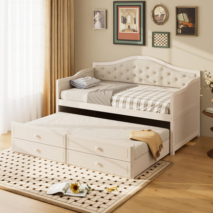 Ball & Cast Twin Size Daybed with Trundle,Wooden Bed w/ 2 Storage Drawers,Sofa Beds w/Upholstered Button Tufted Backrest,Slat Support,for Living Room, Bedroom, Guest Room,Beige