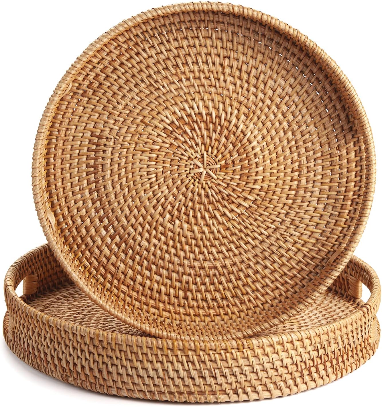 14 inch 2.4 inch) Coffee Table Tray Round Rattan Ottoman Tray Woven Serving Trays with Handles for Home and Kitchen