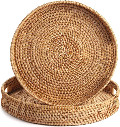 14 inch 2.4 inch) Coffee Table Tray Round Rattan Ottoman Tray Woven Serving Trays with Handles for Home and Kitchen