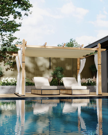 KYBOLT 10x13 Ft Outdoor Pergola with Retractable Canopy Aluminum Gazebo Imitation Wood-Grain Post with Side Mesh Screen Pavilion for Backyard Deck(Beige+White)