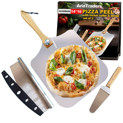 AriaTraders Aluminum Metal Pizza Peel 16 Inch, Extra Large Pizza Paddle (14"X 16") With 14’’ Pizza Cutter Rocker & 10” Pizza Server, Pizza Spatula Paddle With Foldable Wooden Handle For Easy Storage