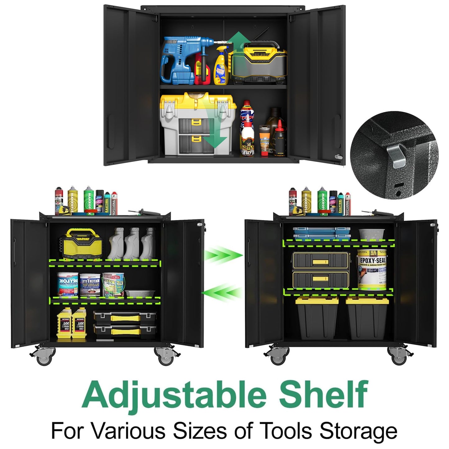 VIYET 5-Piece Rolling Garage Tool Cabinet Set,Heavy Duty Steel Garage Storage System with Wall Cabinet & Mobile Rolling Tool Chest,Lockable Adjustable Shelving Combo for Workshop Organization,Black