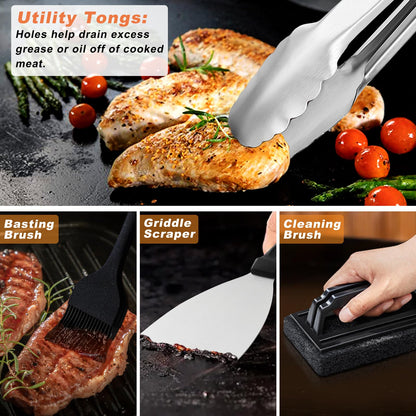 N NOBLE FAMILY 27 PCS Griddle Accessories Kit, Flat Top Grill Accessories Set for Camping, Professional Griddle Spatula Set with Melting Dome, Burger Press for Outdoor BBQ Cooking