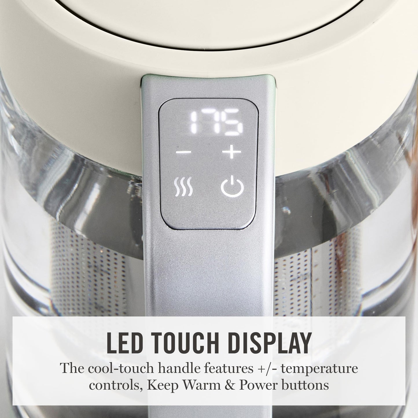 Martha Stewart  Electric Kettle with Removable Stainless Steel Tea Infuser, Glass Carafe 1.7L (7 Cups), Hot Water Boiler, 4 Presets, Keep Warm & Auto Shut-Off, Cordless 360° Swivel Base, Linen White