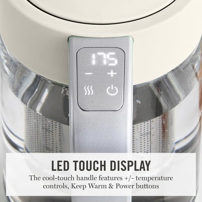 Martha Stewart  Electric Kettle with Removable Stainless Steel Tea Infuser, Glass Carafe 1.7L (7 Cups), Hot Water Boiler, 4 Presets, Keep Warm & Auto Shut-Off, Cordless 360° Swivel Base, Linen White
