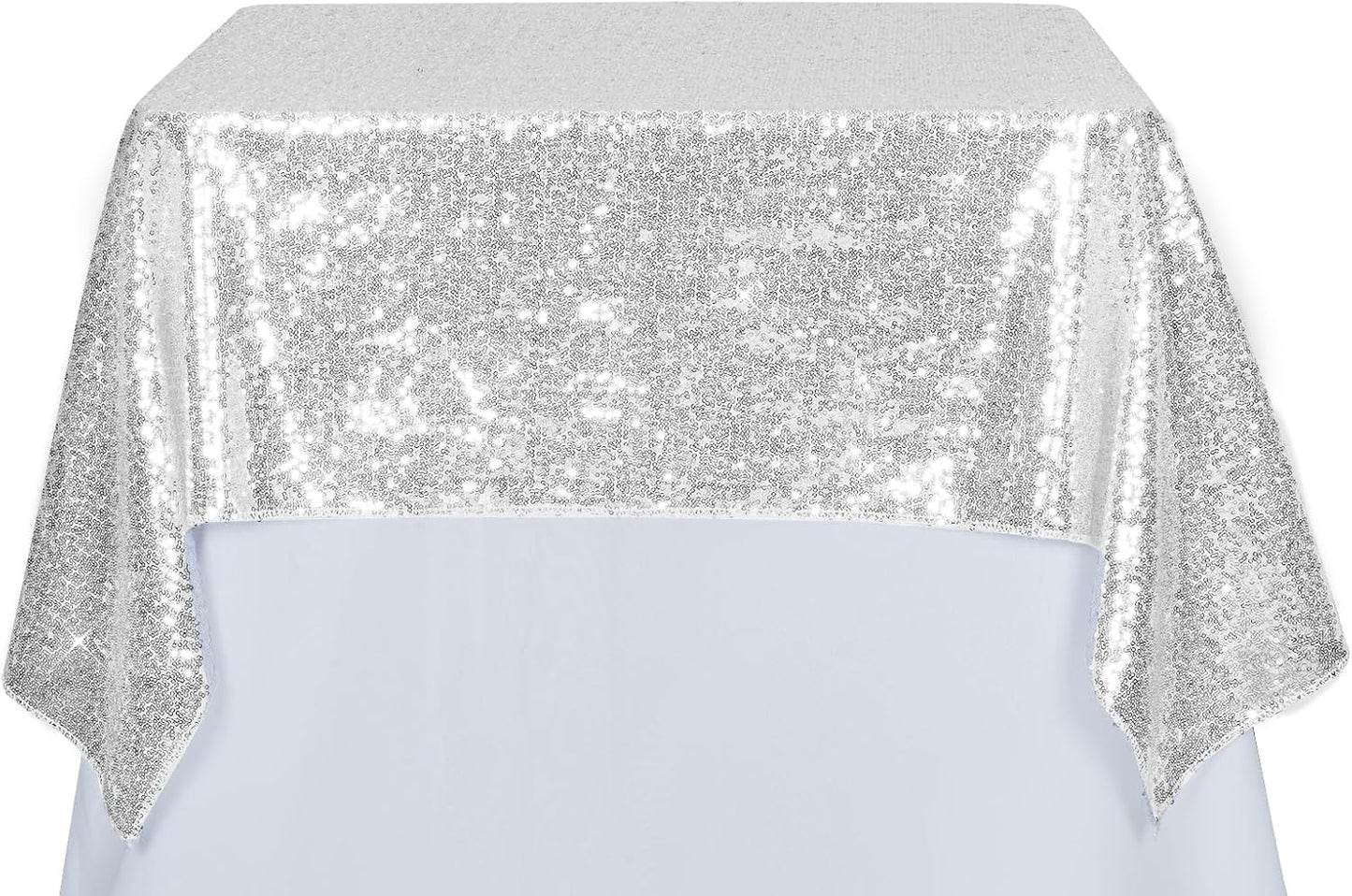 PartyDelight Silver Sequin Tablecloth Overlay 50 X 50 Inch for Wedding, Party, Birthday, Bridal, Baby Shower Decorations