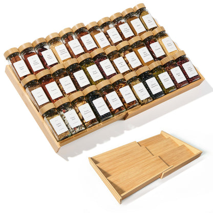 KitHero Expandable 3-Tier Bamboo Spice Rack Organizer (12"-21" W, 13.5" D, 3.7" H) Adjustable for Kitchen Drawers, Cabinets, Countertops, Pantry Shelves & Cupboards, No Jars Included