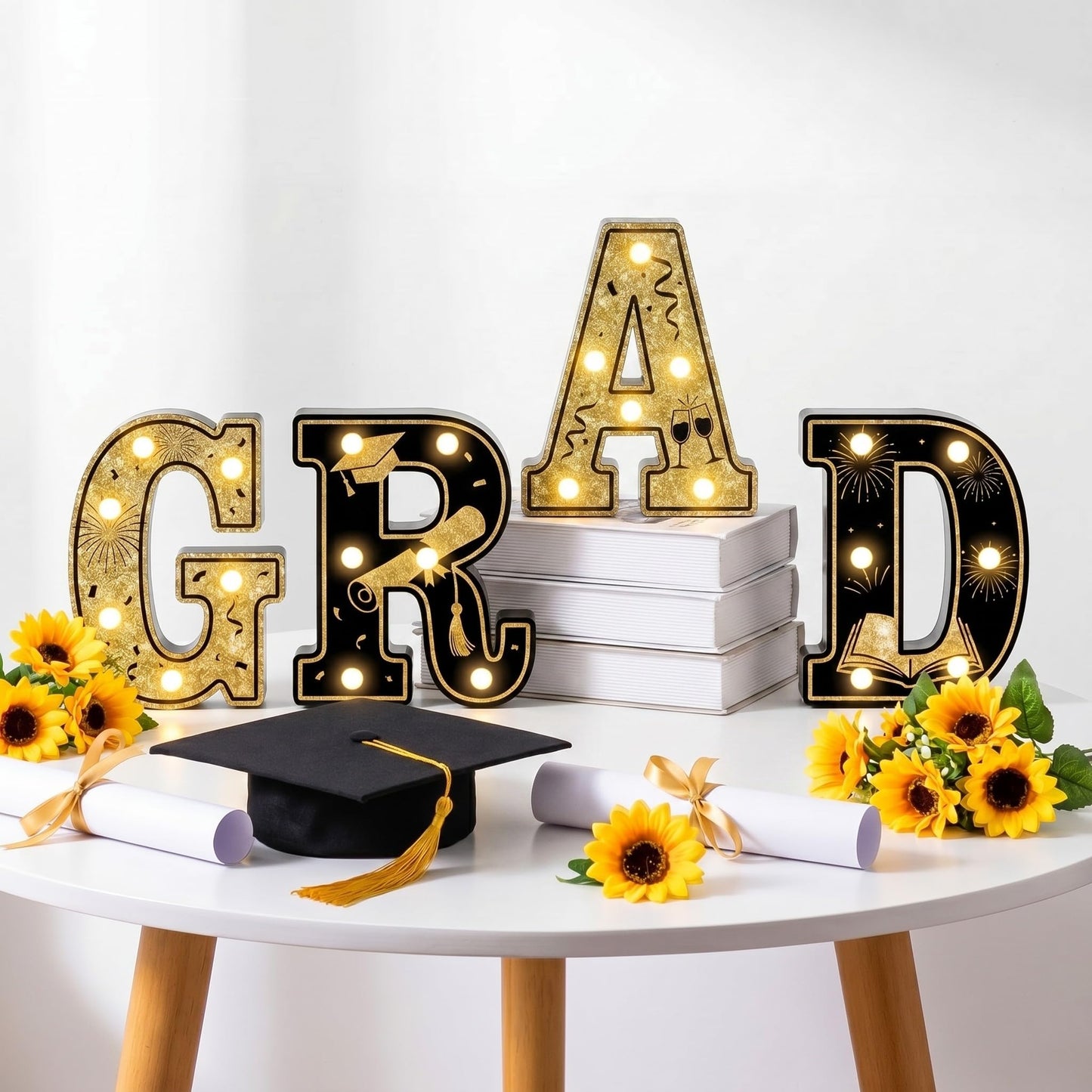 Wettal 2026 Grad Light up Letters for Table, Graduation Party Decorations LED Marquee Grad Letter Lights Sign 8.7 Inches Black and Gold Graduation Centerpieces Ornaments, Batteries Not Included