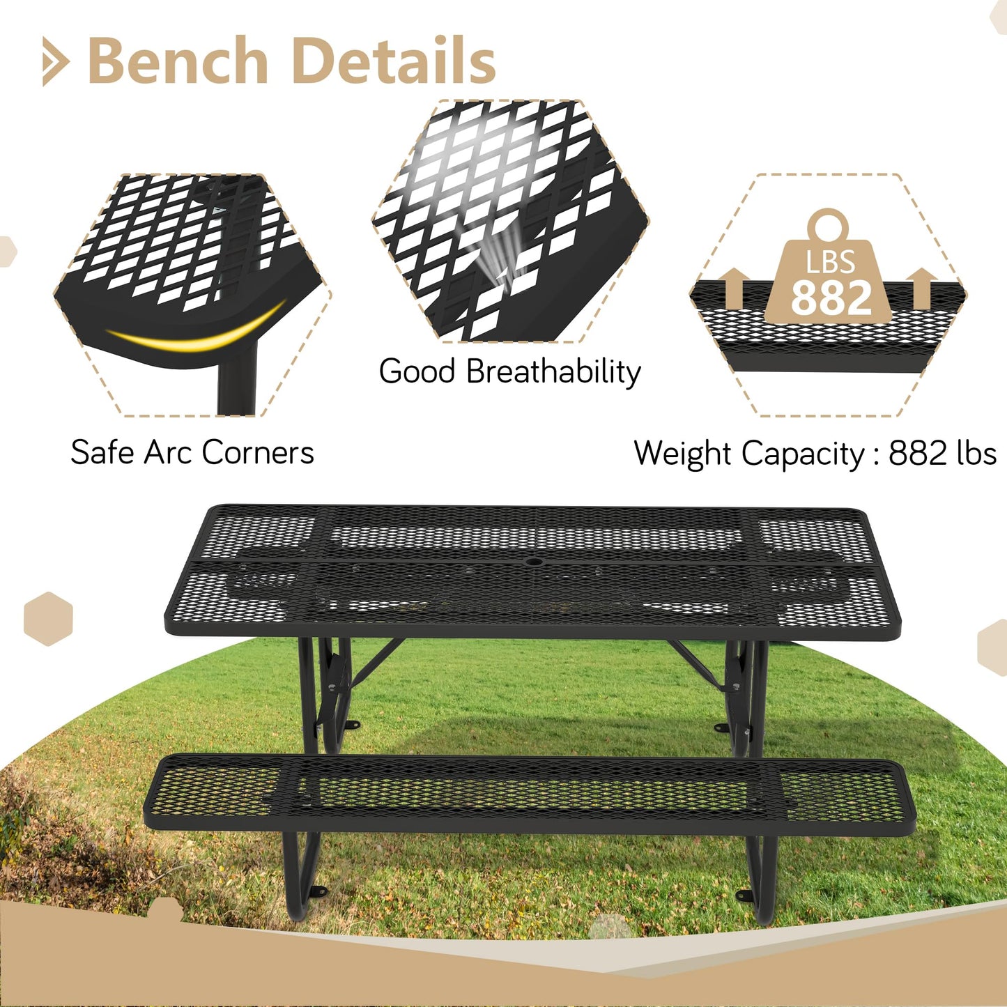 Dvasovio 72 Inch Rectangular Metal Picnic Table with 1.73" Umbrella Hole, Heavy-Duty Steel Mesh Table Set, Weather Resistant Sturdy Outdoor Furniture, for Patio, Garden, Courtyard & BBQ, Black