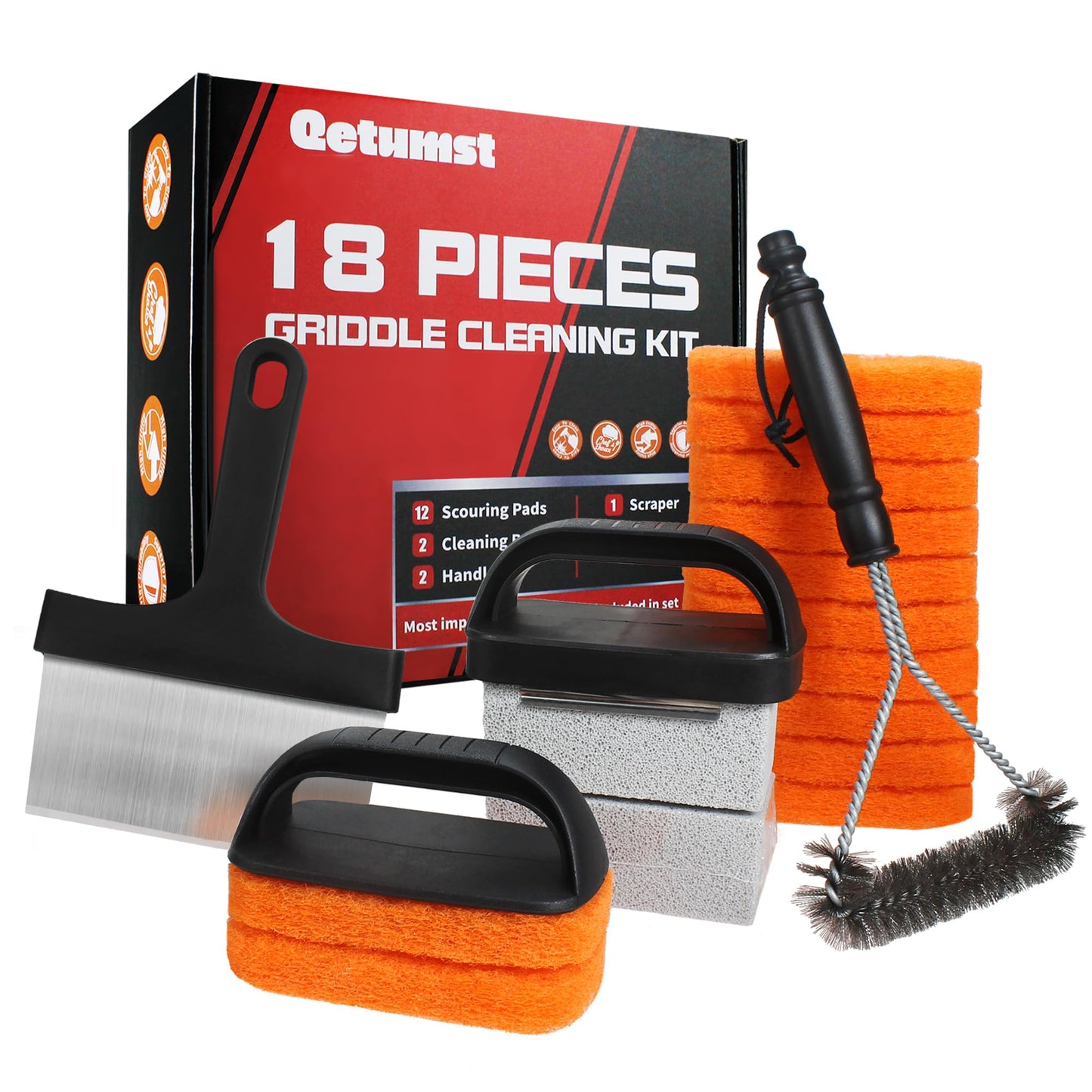 Griddle Cleaning Kit for Blackstone, 18 Pieces Flat Top Grill Cleaning Kit with Durable Scraper, Grill Brush, Cleaning Brick and Scouring Pads, Griddle Accessories Set for Easy Restoration