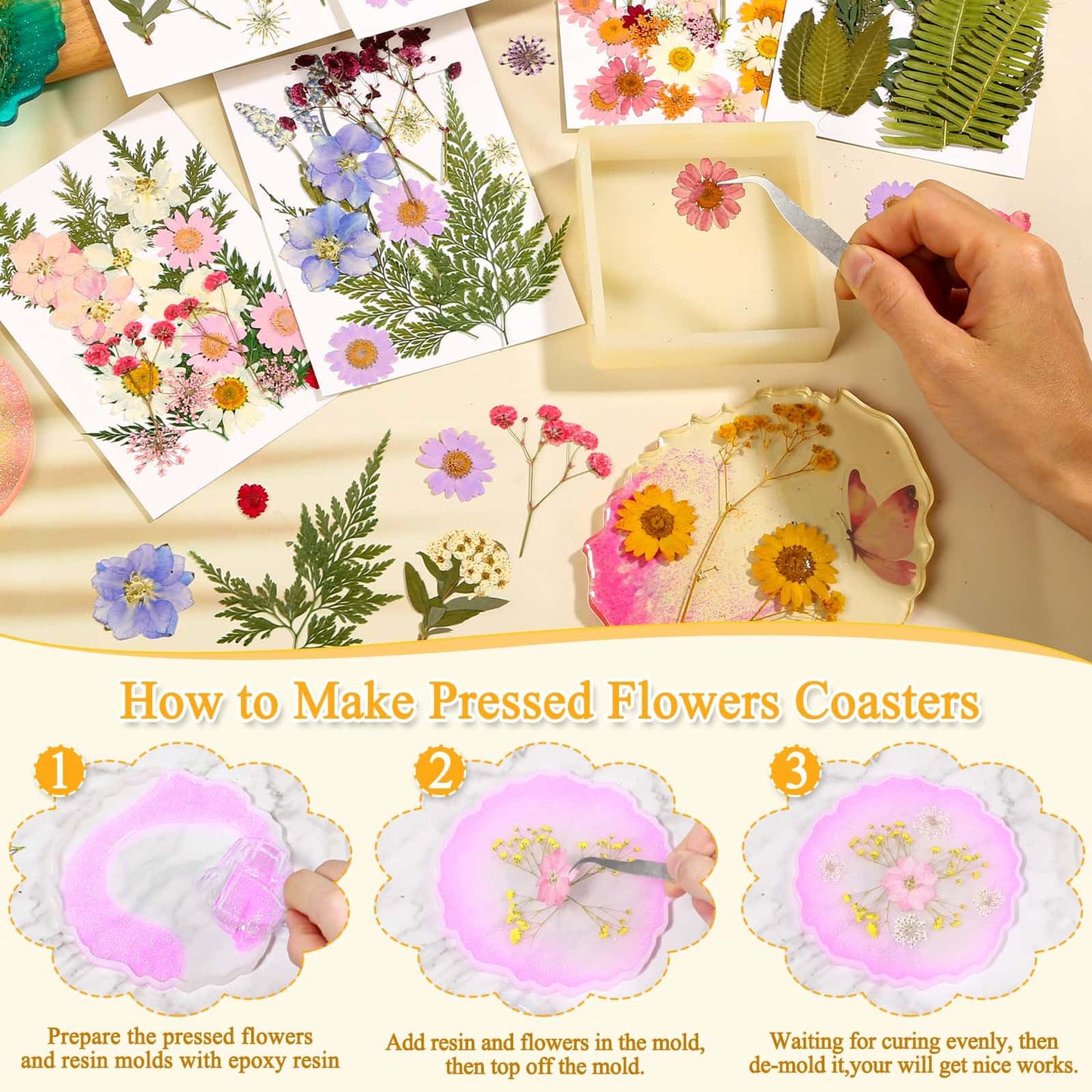 124 Pcs Dried Pressed Flowers for Resin Crafts, Real Pressed Wildflowers Natural Dry Leaves Bulk with Tweezer for Epoxy Resin Jewelry Molds, Candle Soap Making, Scrapbook, Bookmark, Nails Decor