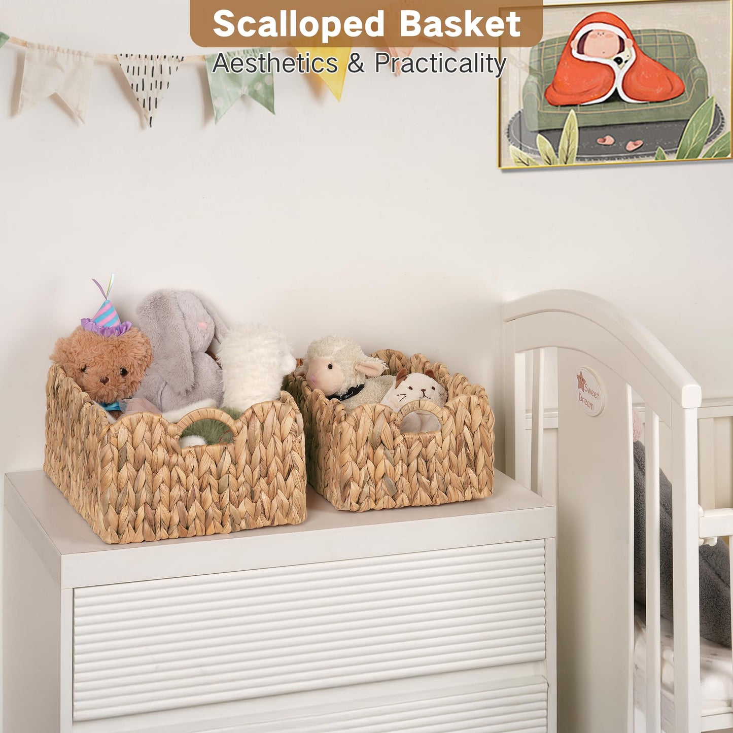 iEGrow Scalloped Wicker Basket, Set of 2 Woven Rattan Natural Water Hyacinth Baskets with Built-in Handles, Rectangle Storage Baskets for Organizing, Decor, Shelf and Nursery Room