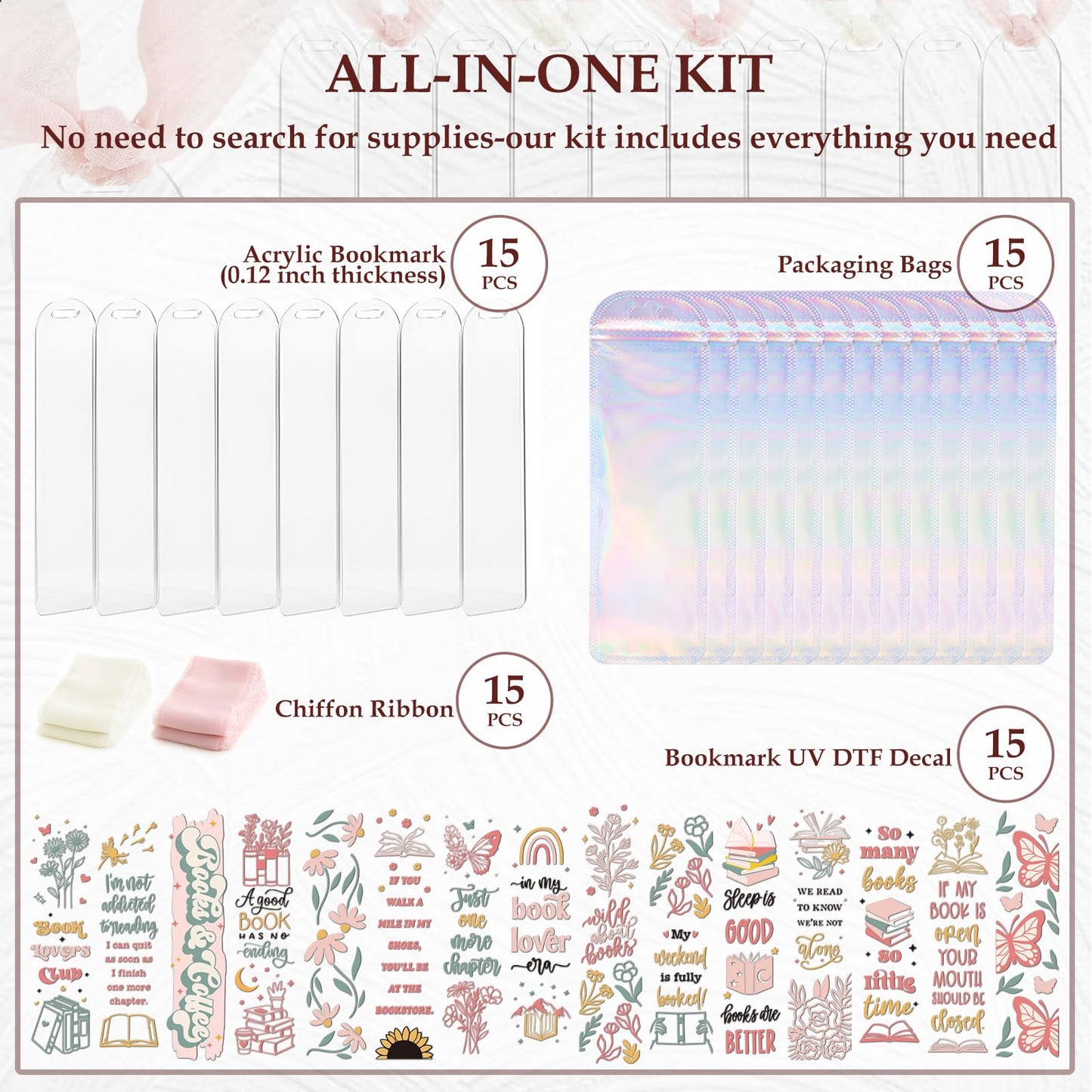 Dazoratix Floral Acrylic Bookmark Blanks - 60 Pcs Cute Flower Bookmarks Making Kit Bulk Aesthetic UV DTF Transfer Stickers Reading Book Lover Bookish Reader Women Girl Kid Student Teacher School Gifts