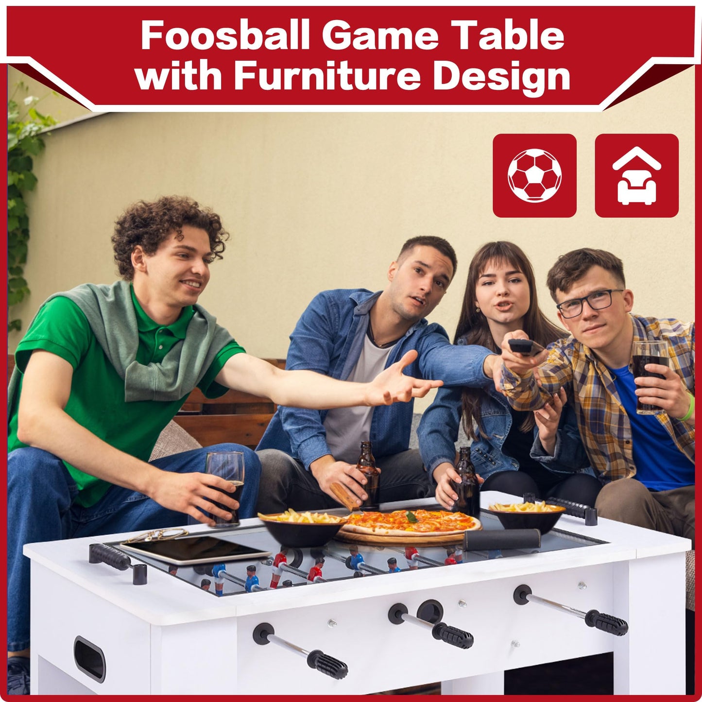 RAYKEEP Foosball Coffee Table, 2-in-1 Soccer Game Table and Coffee Table, Modern Multi Game Table with 2 Balls, Tempered Glass, for Living Room, Family Entertainment Center (White)