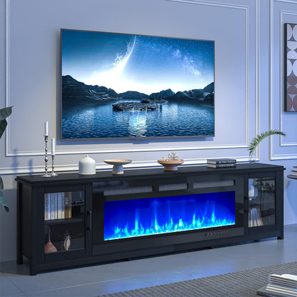 MXV 80" Fireplace TV Stand, Modern Entertainment Center with 50 Inch Smart Fireplace, Adjustable Shelf & Glass Door, Fire Place with WI-FI Enabled, TV Console for Living Room, Black