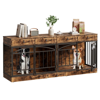 GarveeHome Dog Crate Furniture for 2 Dogs, Dog Kennel Indoor with 4 Storage Drawers and Feeding Bowls, Double Dog Crate TV Stand for Small Medium Dogs, Brown