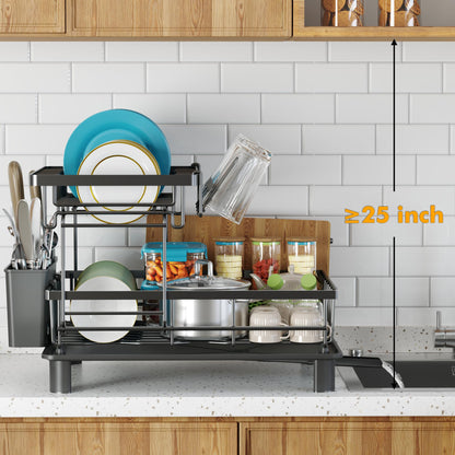 IMXSUMDA Dish Drying Rack, 2 Tier Dish Racks for Kitchen Counter, Compact Drying Rack Kitchen, Rust-Resistant Dish Drainer, Detachable Space-Saving Dish Rack with Drainboard, Utensil Holder, Black