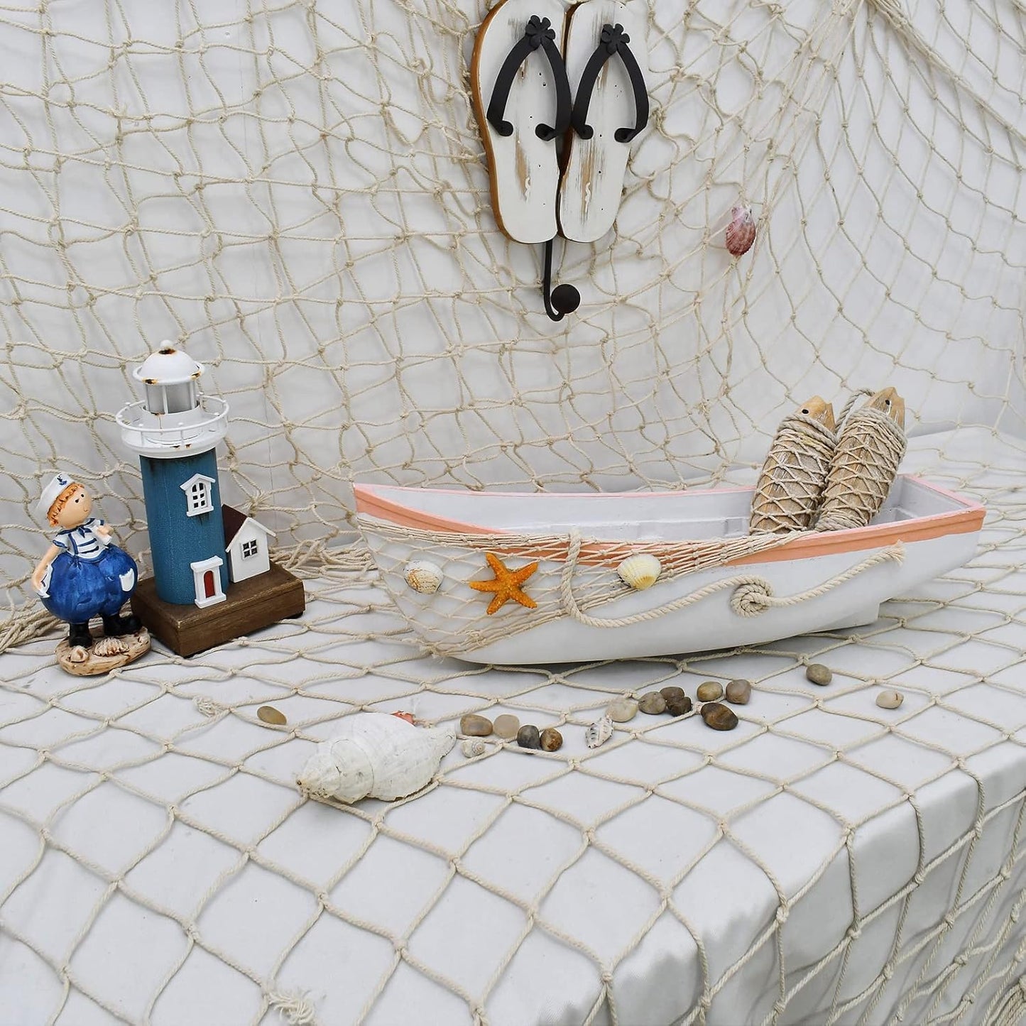 17''L, Beach Theme Display Tray with Star Fish, Sea Shell and Fish Net, White Wooden Nautical Boat Decor, Miniature