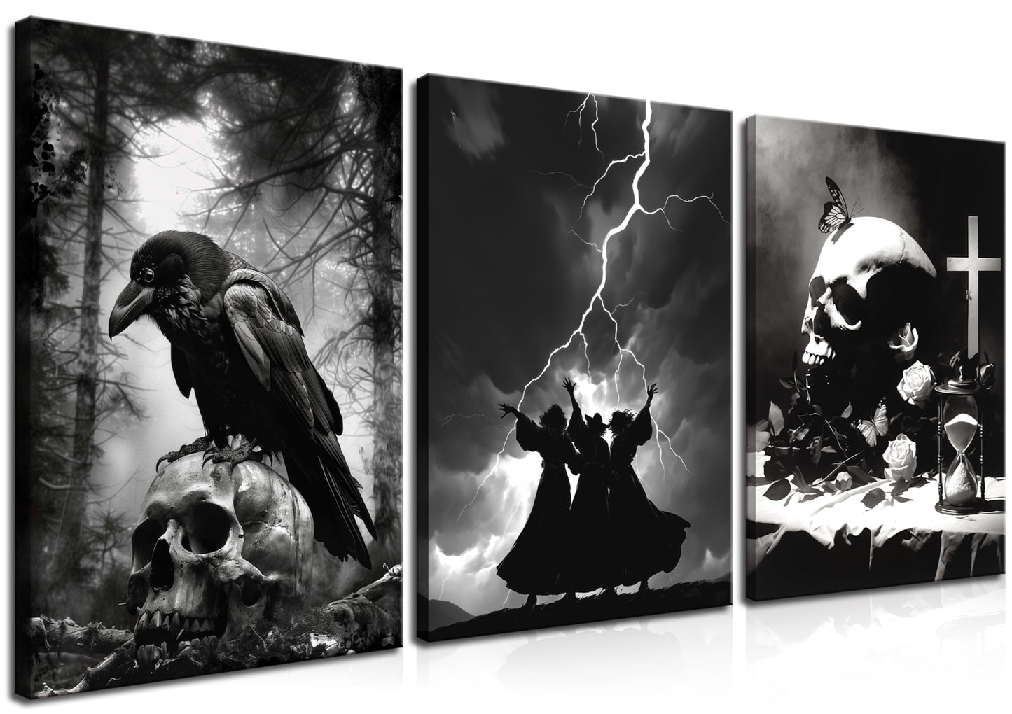 Framed Dark Gothic Canvas Wall Art Set of 3, Creepy Witchy Halloween Wall Decor Paintings, Crow and Skull Goth Aesthetic Posters Prints for Living Room Bedroom Bathroom Home Decor 12x16In