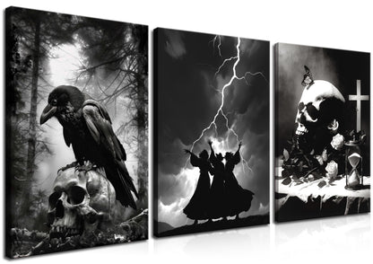 Framed Dark Gothic Canvas Wall Art Set of 3, Creepy Witchy Halloween Wall Decor Paintings, Crow and Skull Goth Aesthetic Posters Prints for Living Room Bedroom Bathroom Home Decor 12x16In