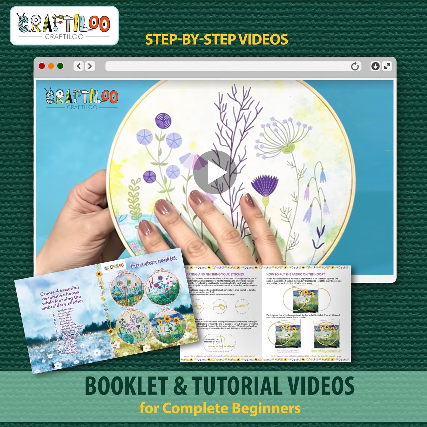 CRAFTILOO Embroidery Kit for Beginners Adults — 4 Floral Stamped Patterns, Learn 17 Stitches | Complete Needlepoint Kit with Hoop, Needles, Thread & Video Tutorial | Embroidery Kits for Adults Women