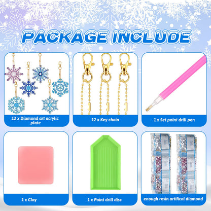 Ferraycle 12 Pcs Diamond Painting Keychain Kit Winter Diamond Art Keychain Ornaments 5d DIY Snowflake Diamonds Painting Key Rings for Adults Art Pedants Decor
