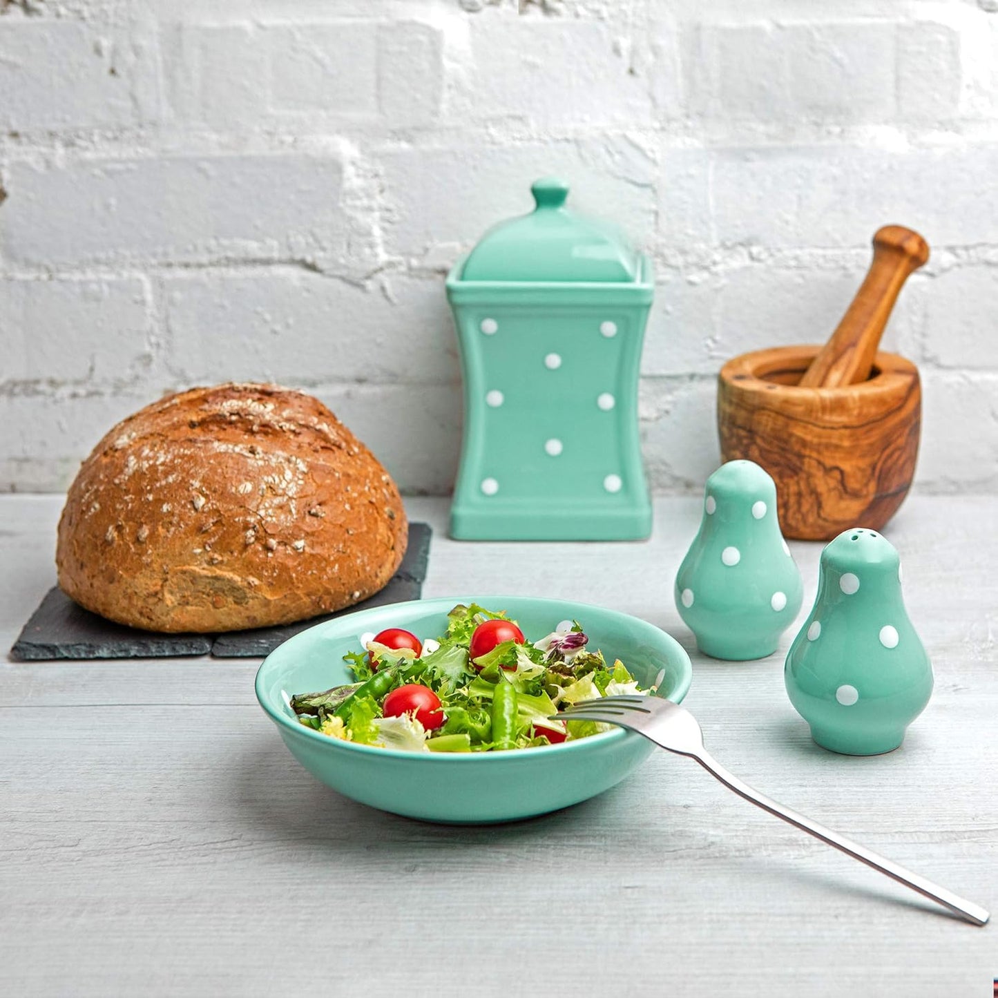 City to Cottage Ceramic Salt and Pepper Shakers Set - Handcrafted Turquoise Blue Polka Dot Spice Shakers