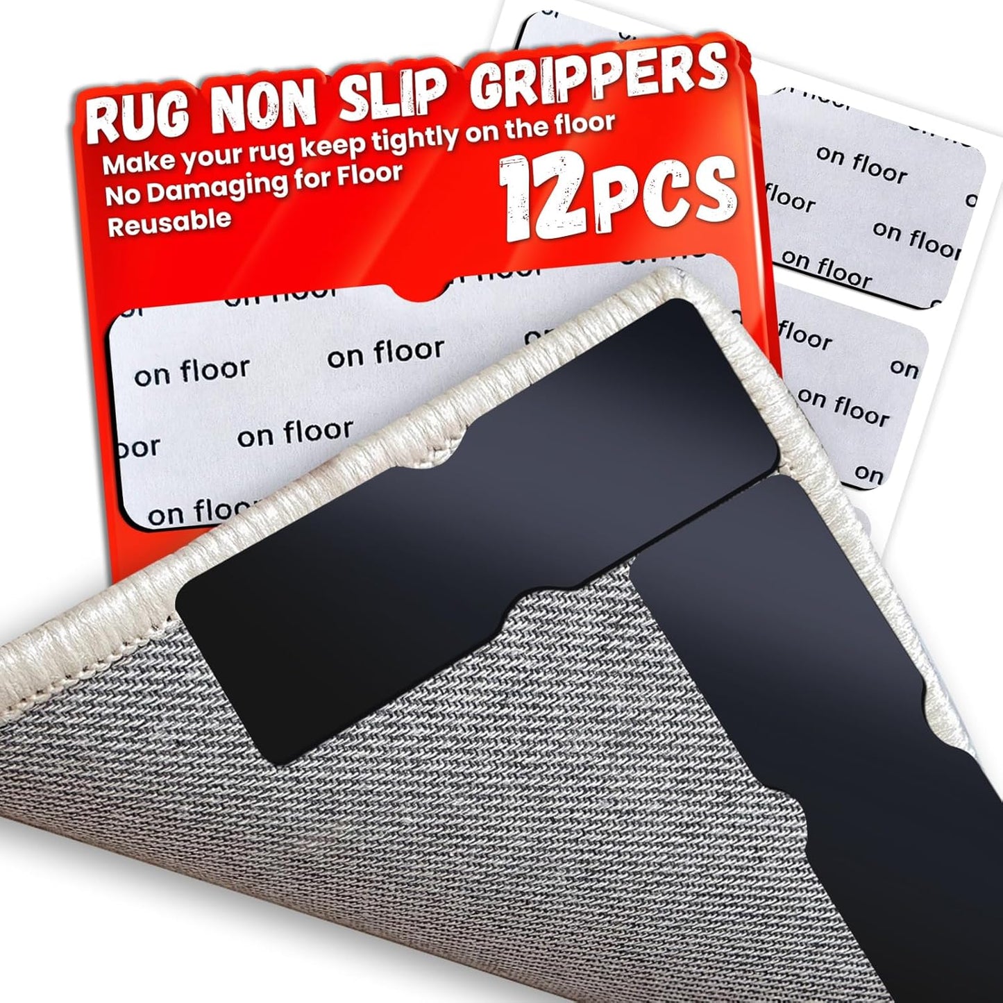Skiennix Non-Slip Rug Grippers - Reusable Carpet Tape Pads for Hardwood & Tile Floors (12 Pack)